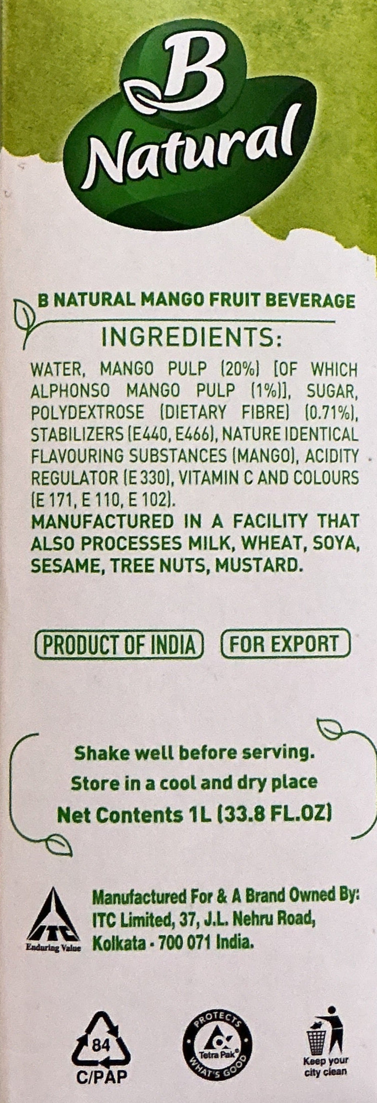 B Natural Juice Mango 1Ltr - Image 2