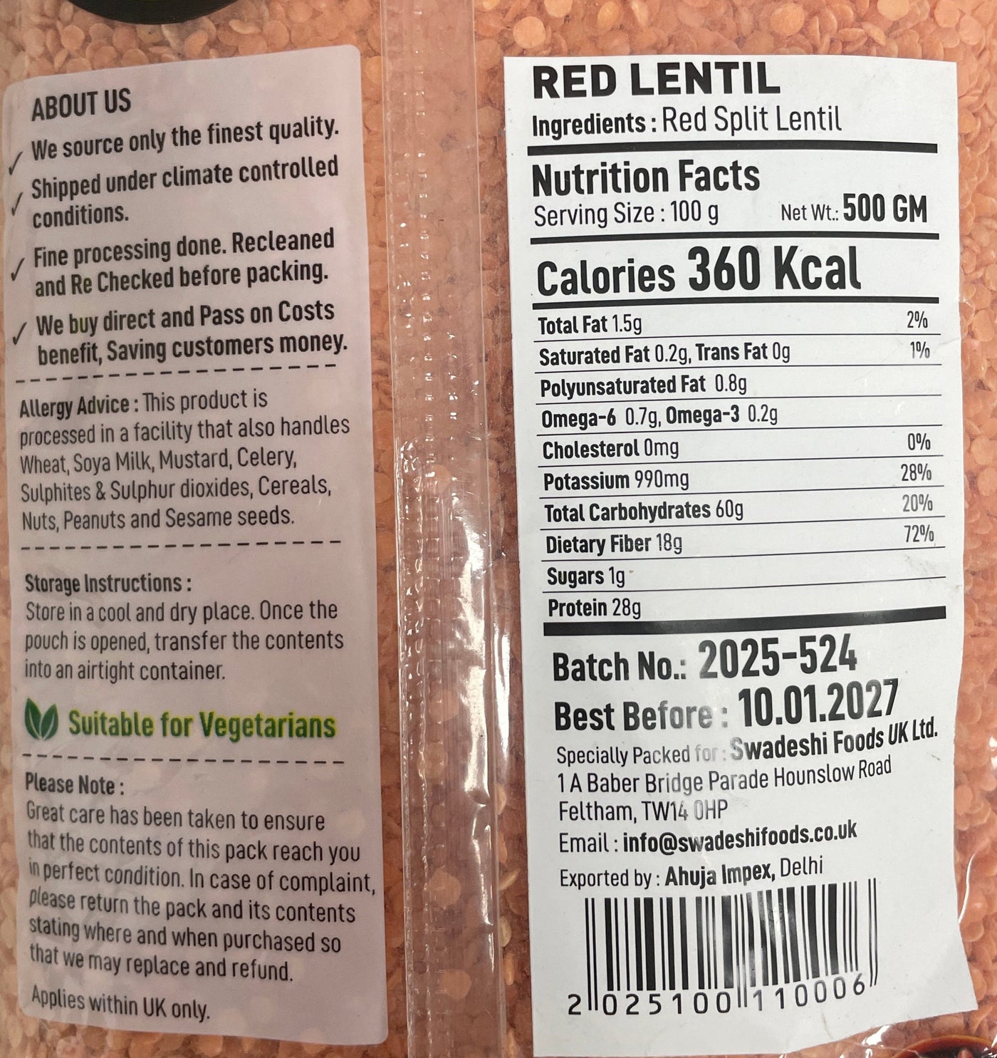 Food Factory Lentils Red Dall 500g - Image 2
