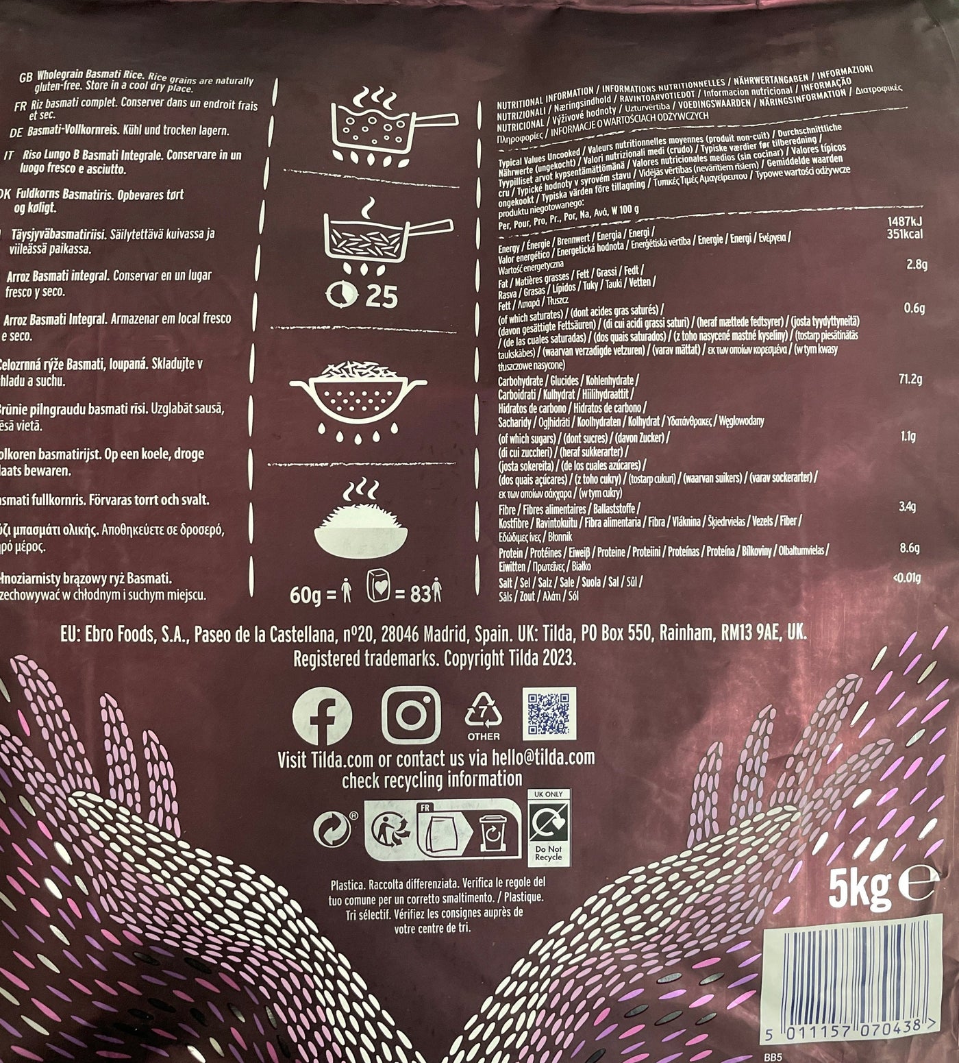 Tilda Rice Basmati Brown Gluten Free 5Kg - Image 2