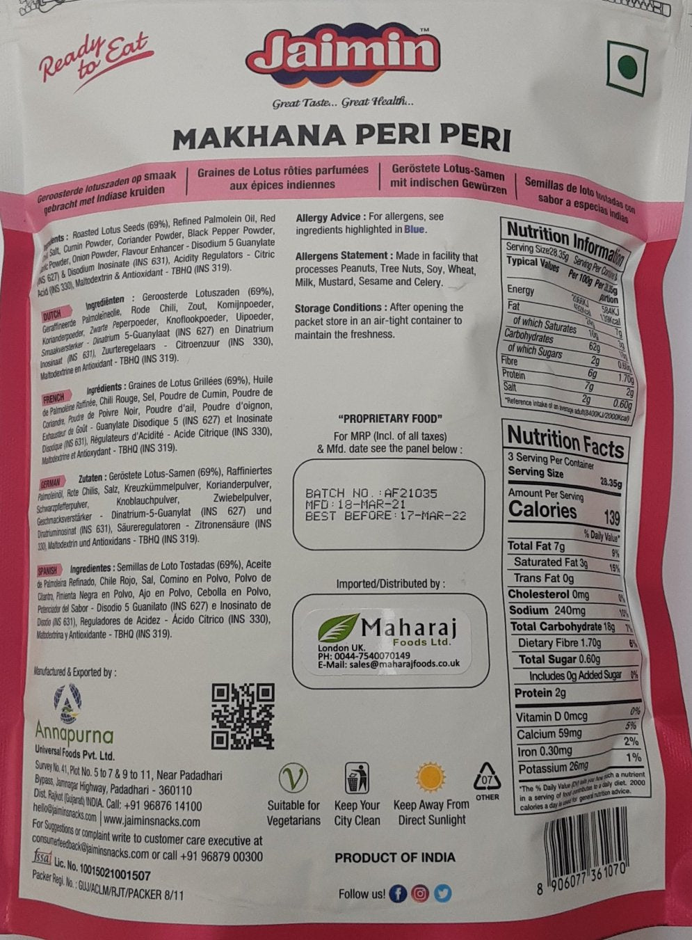 Jaimin Phool Makhana Peri Peri 80g - Image 2