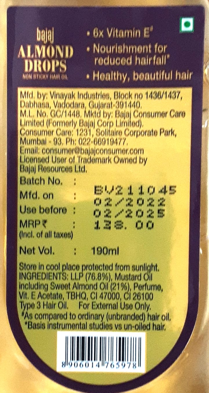 Bajaj Almonds Drops Hair Oil 190ml - Image 2