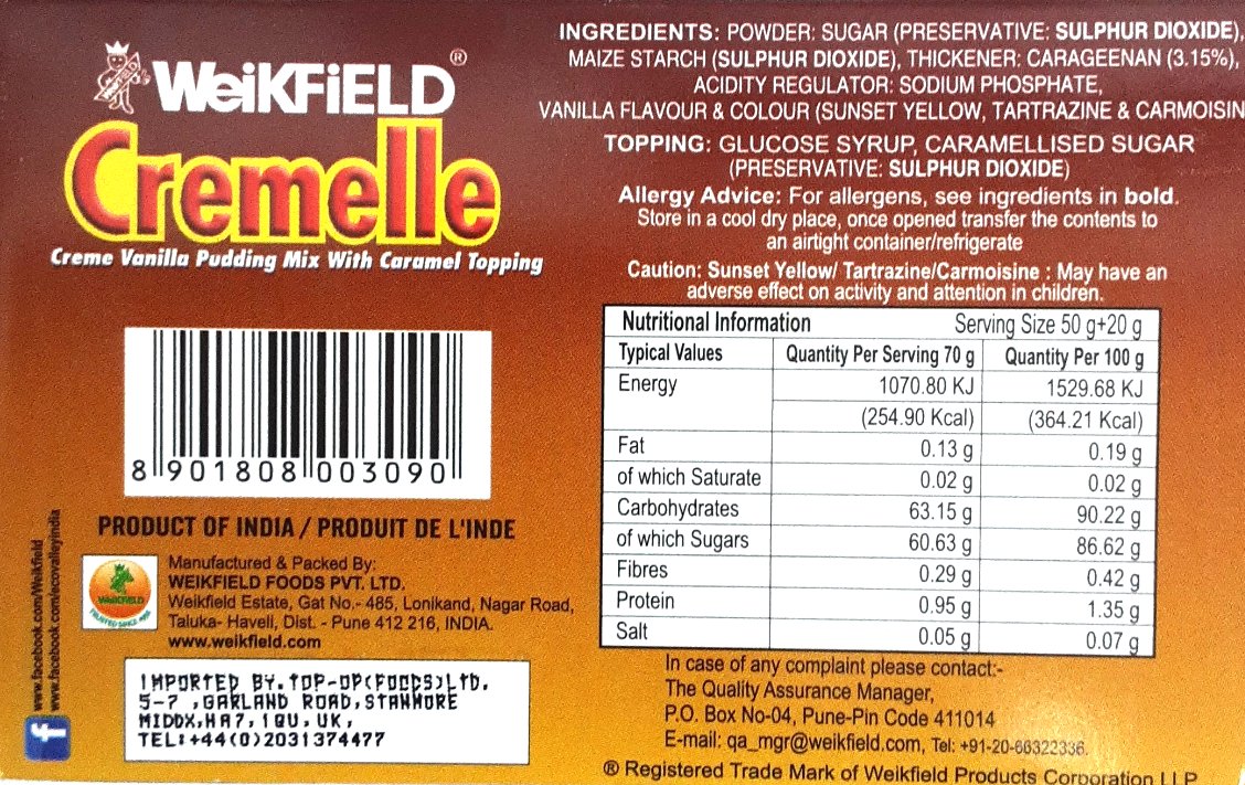 Weikfield Cremelle Crem Vanilla Pudding 70g - Image 2