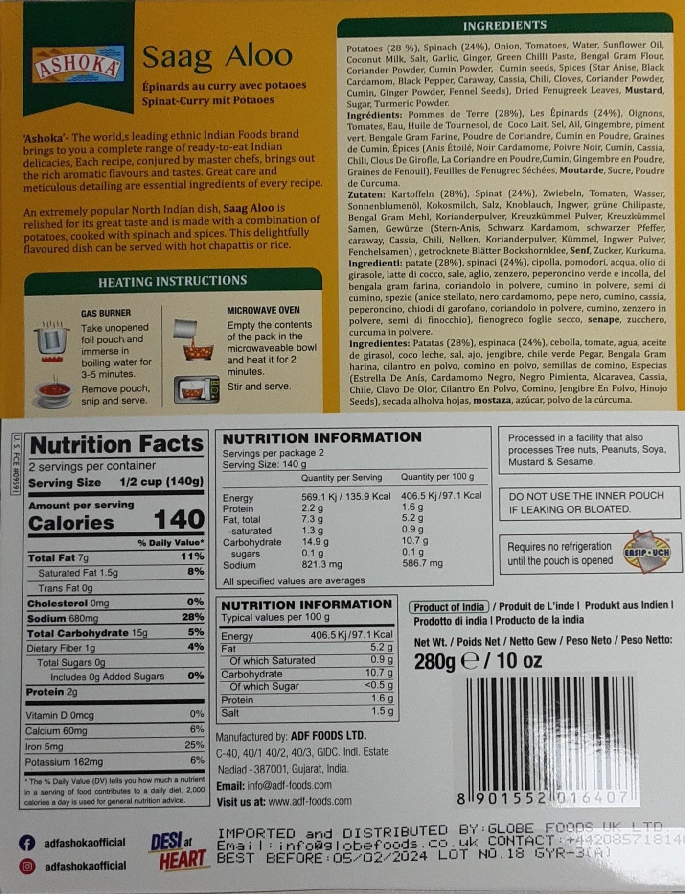 Ashoka Ready Meal Saag Aloo 280g - Image 2