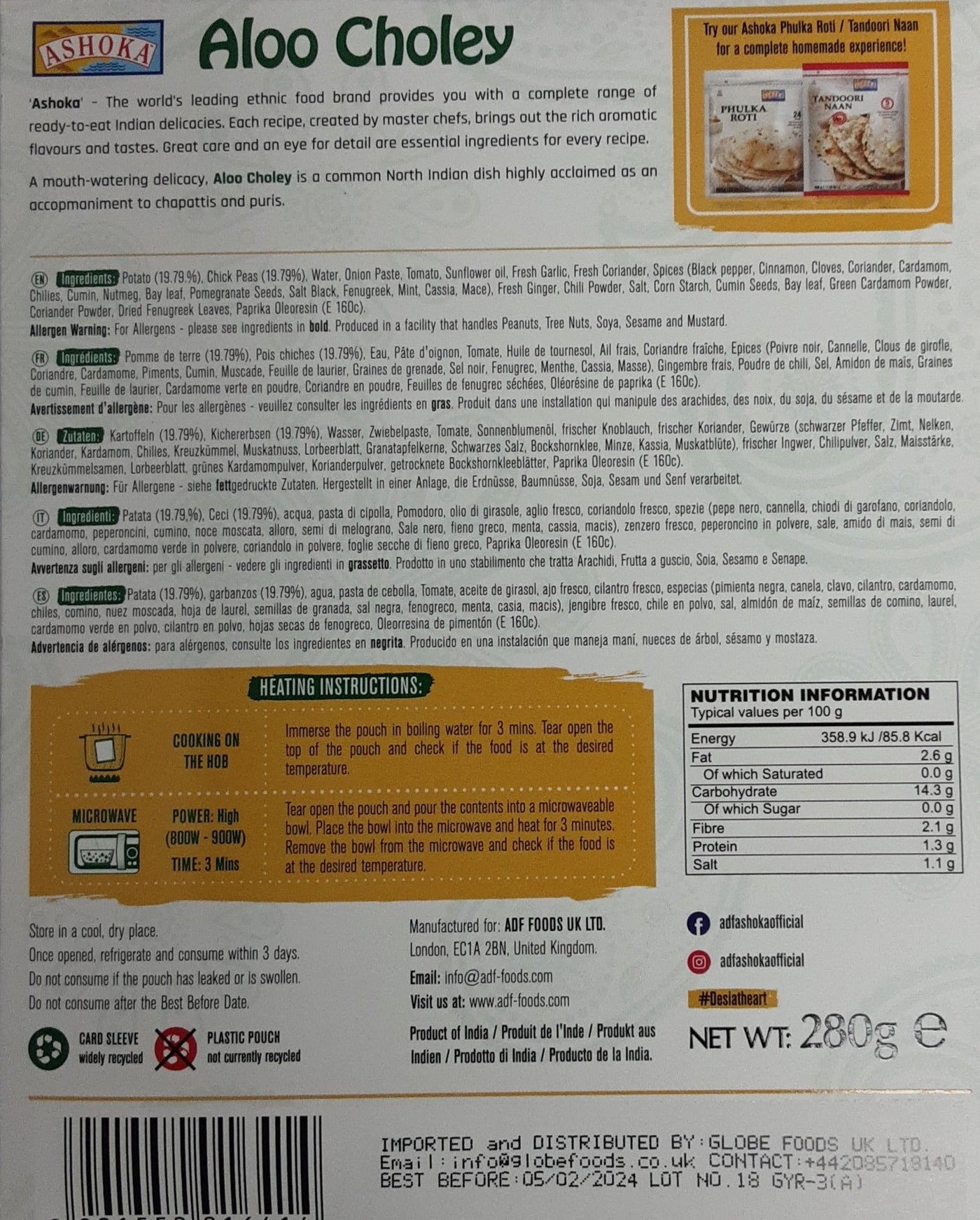 Ashoka Ready Meal Aloo Choley 280g - Image 2