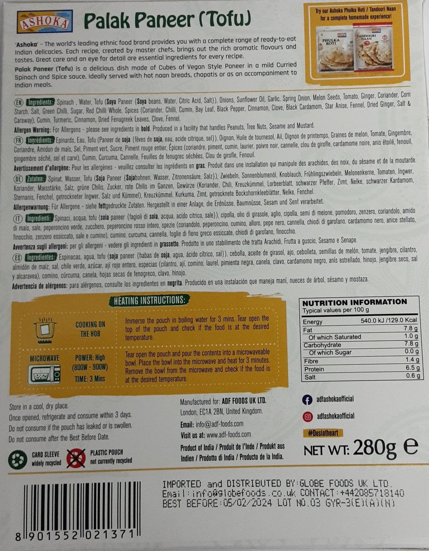 Ashoka Ready Meal Palak Paneer Tofu 280g - Image 2