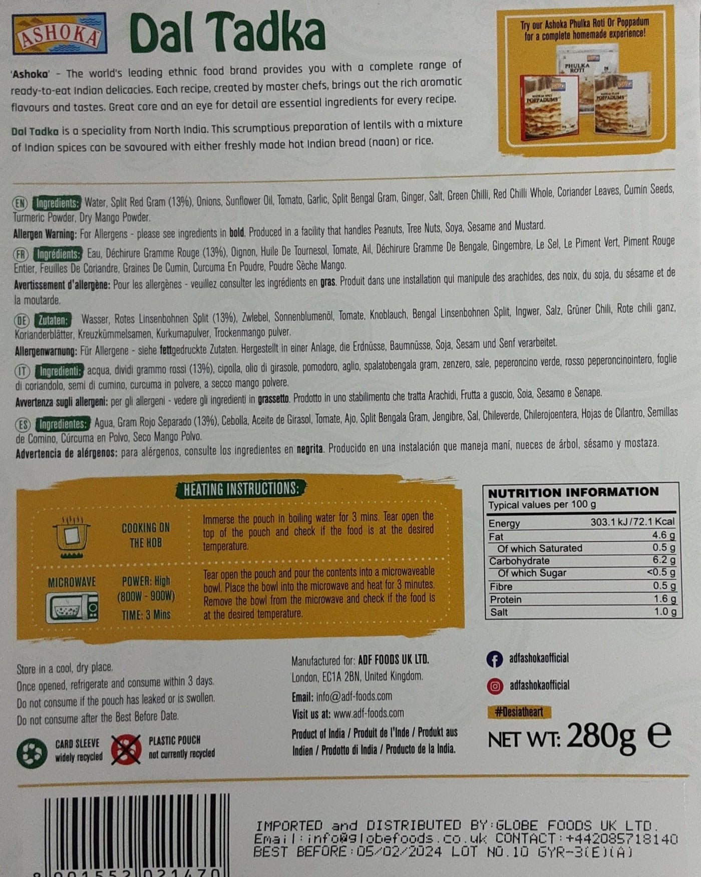 Ashoka Ready Meal Dal Tadka 280g - Image 2