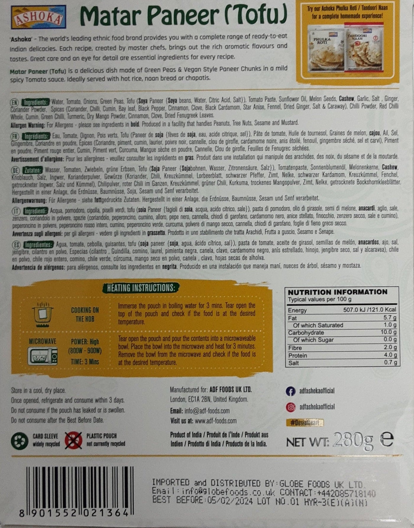 Ashoka Ready Meal Matar Paneer Tofu 280g - Image 2
