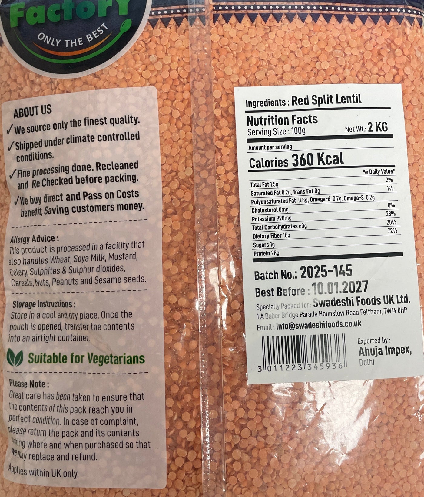 Food Factory Lentils Red Dall 2Kg - Image 2