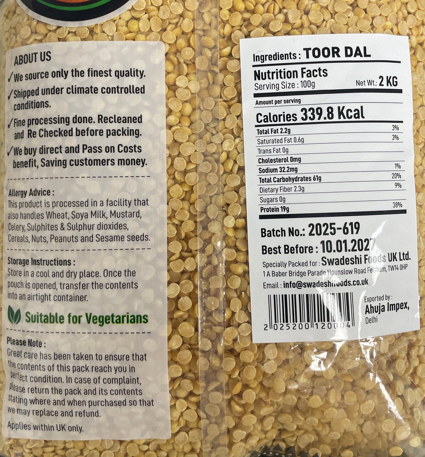 Food Factory Lentils Toor Dall 2Kg - Image 2