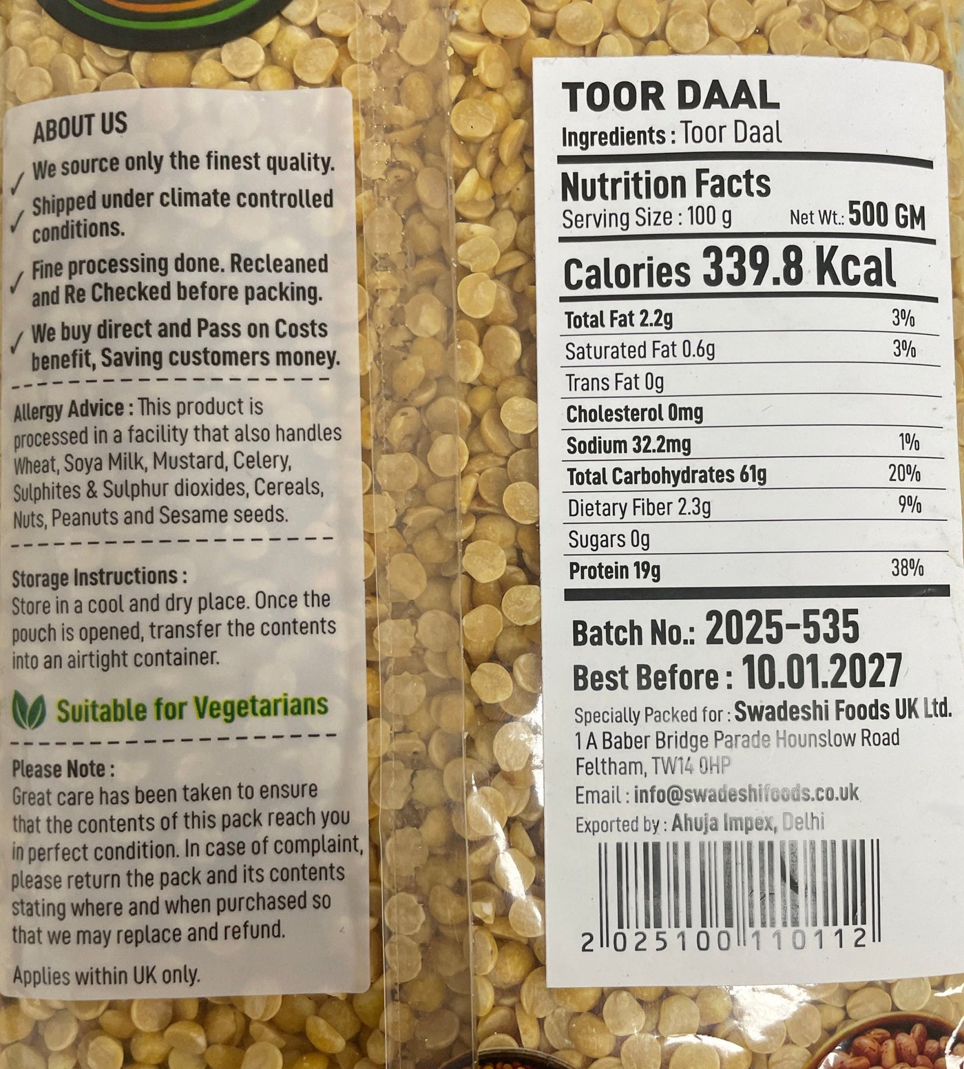 Food Factory Lentils Toor Dall 500g - Image 2