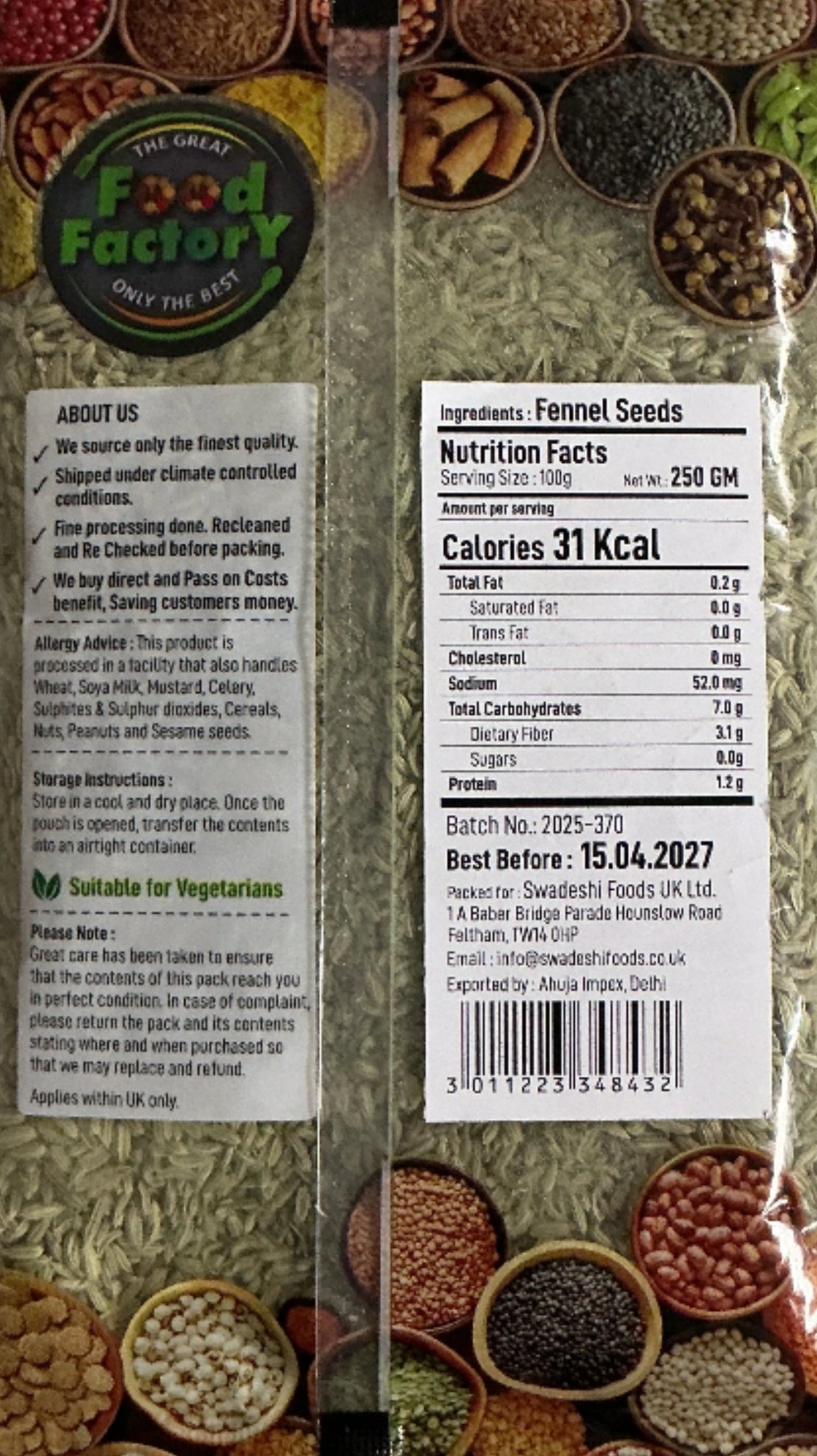 Food Factory Fennel Seeds 250g - Image 2