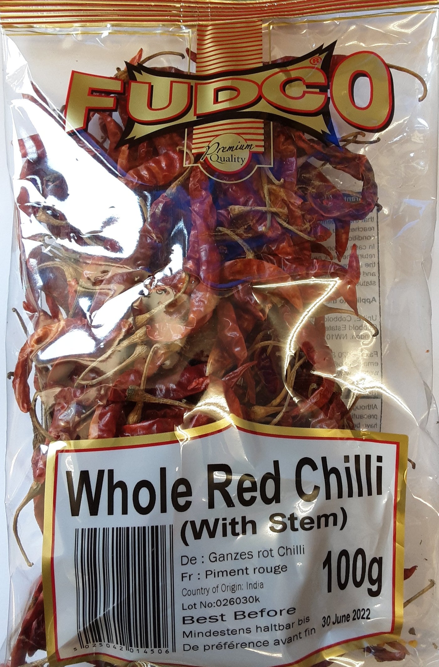 Fudco Chilli Whole Red With Stem 100g