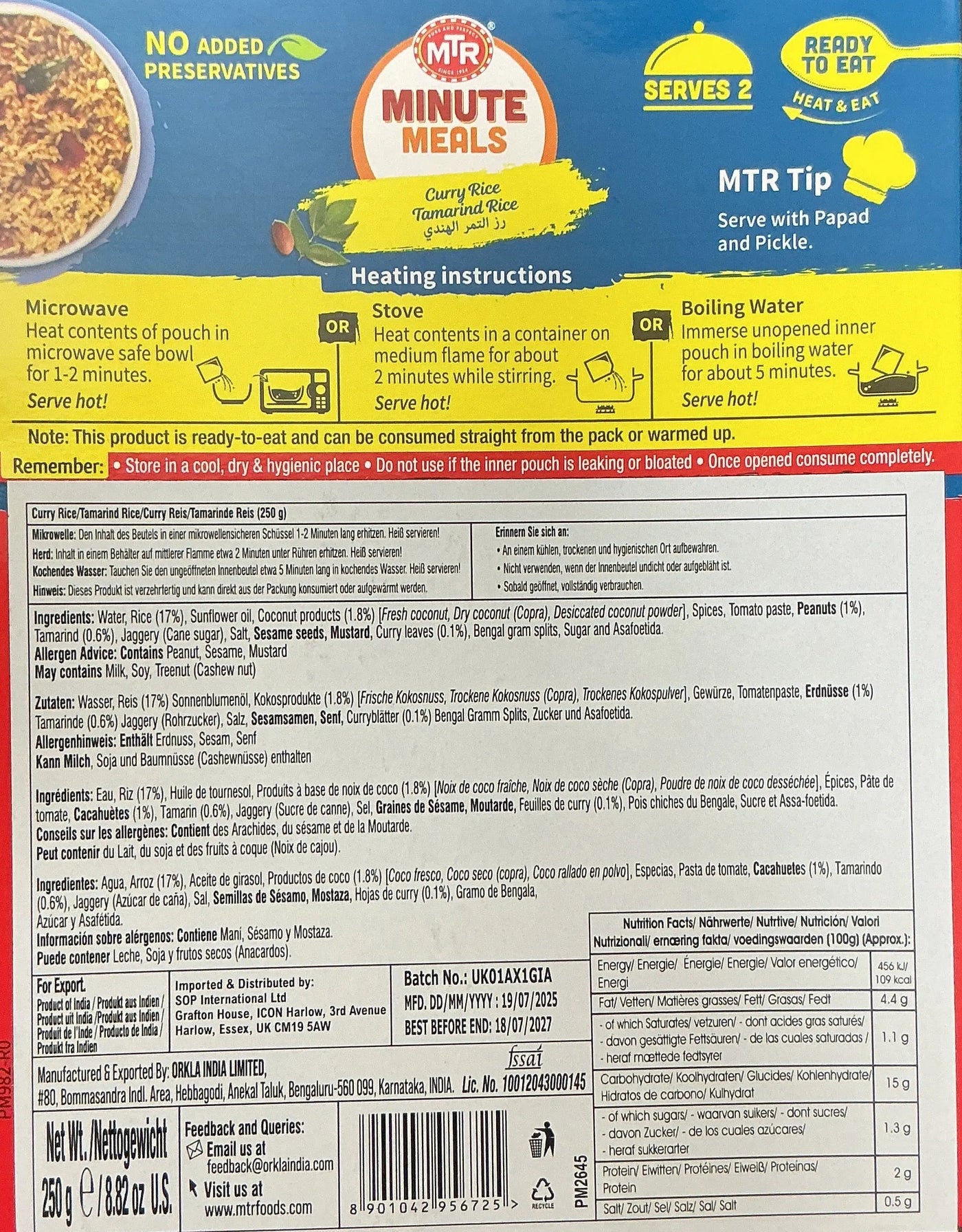 MTR Minute Meals Curry Rice Tamarind Rice 250g - Image 2