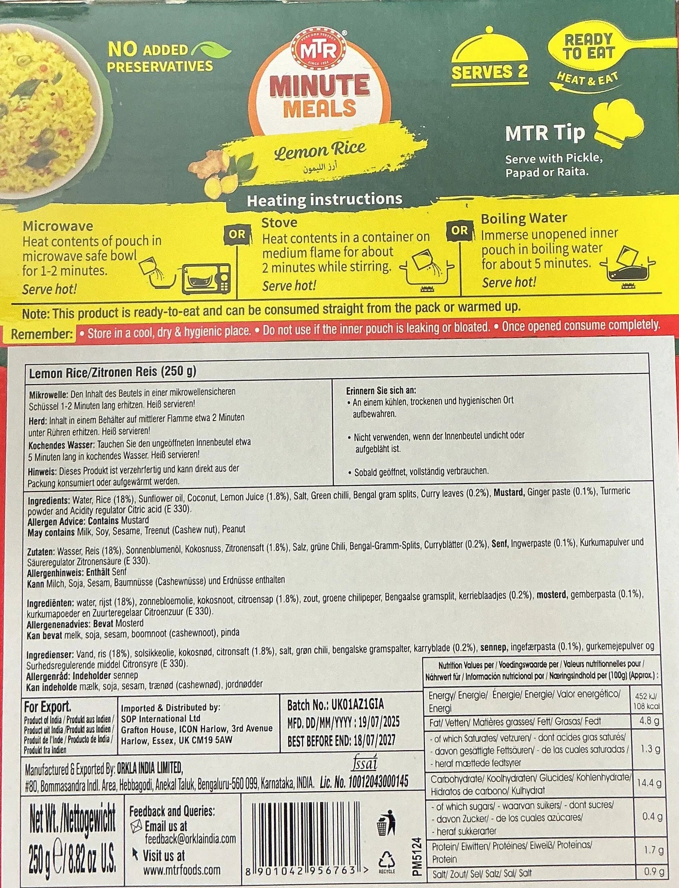 MTR Minute Meals Lemon Rice 250g - Image 2