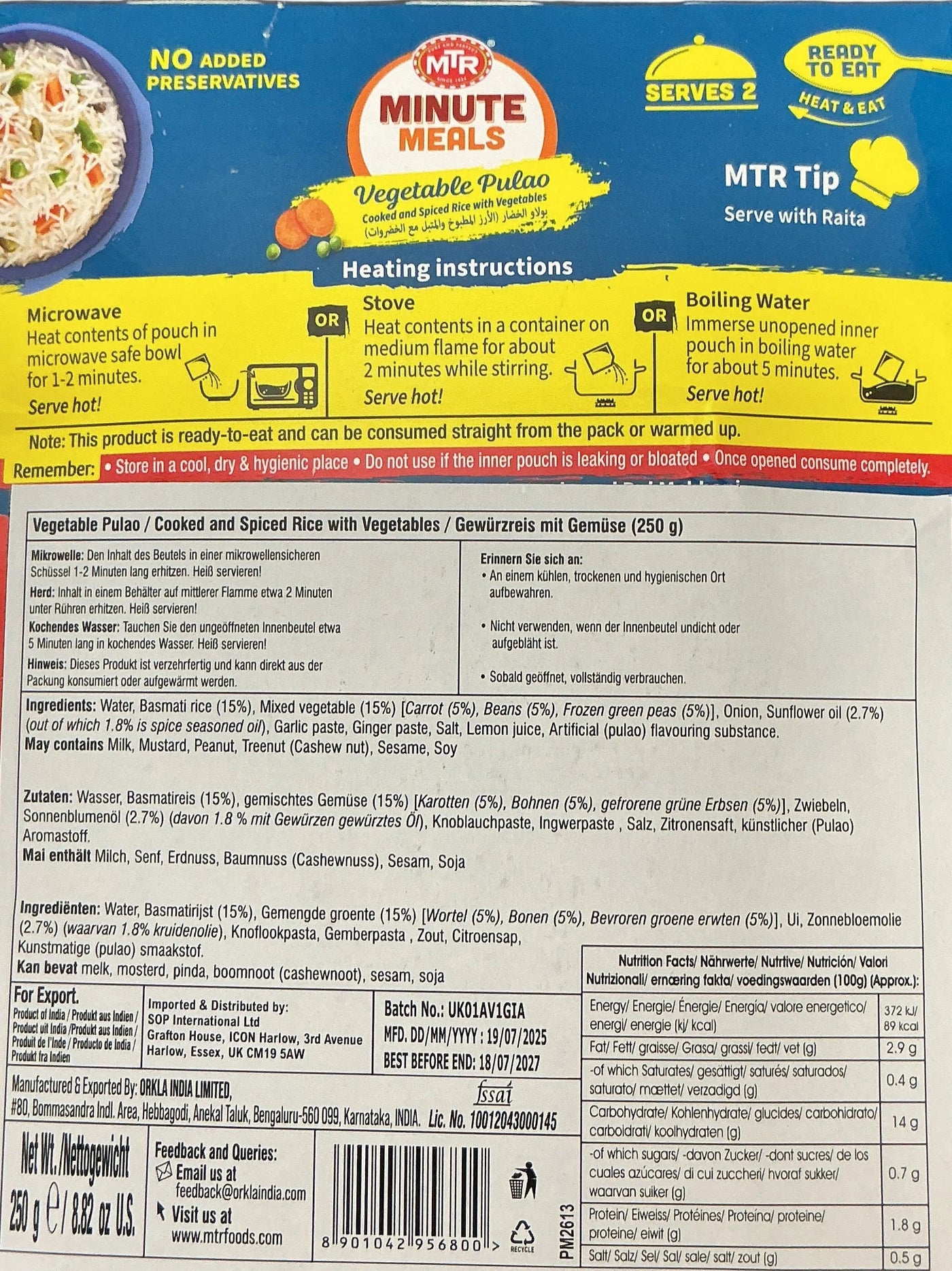 MTR Minute Meals Vegetable Pulao 250g - Image 2