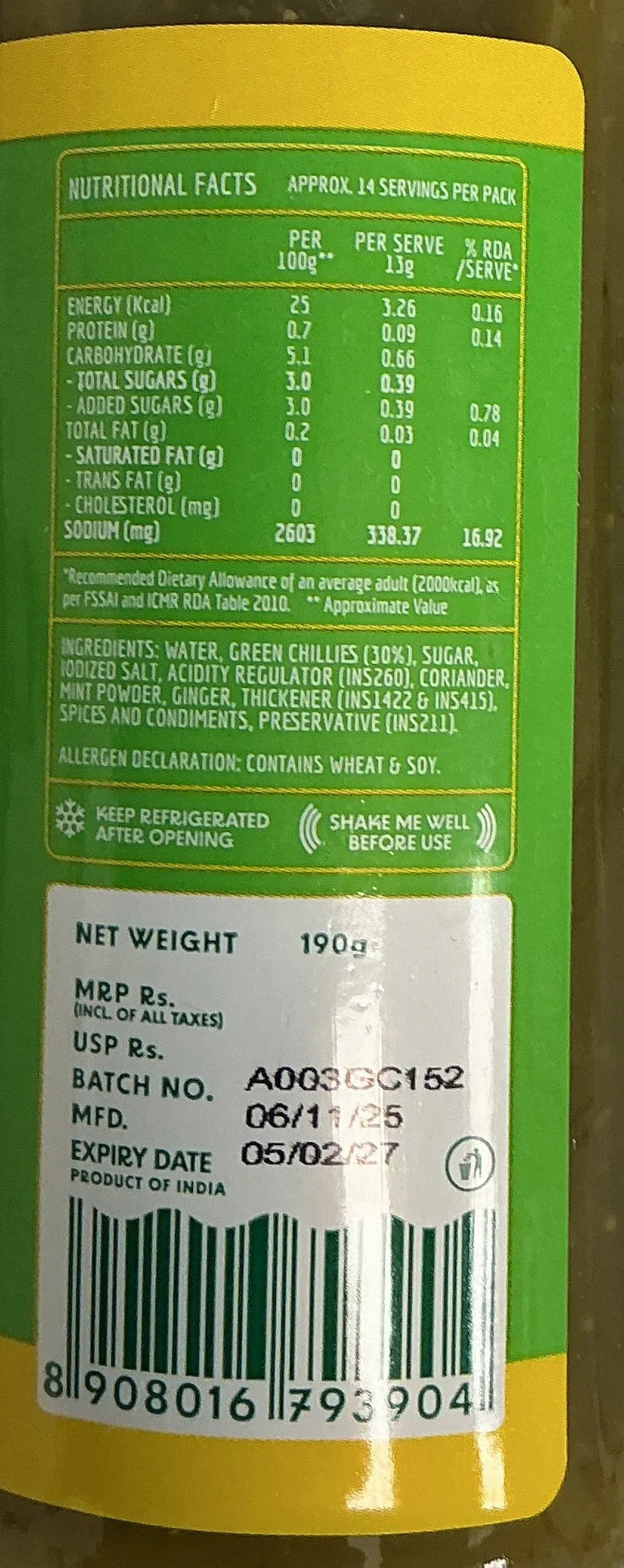 Master Chow Sauce Green Chilli 190g - Image 2