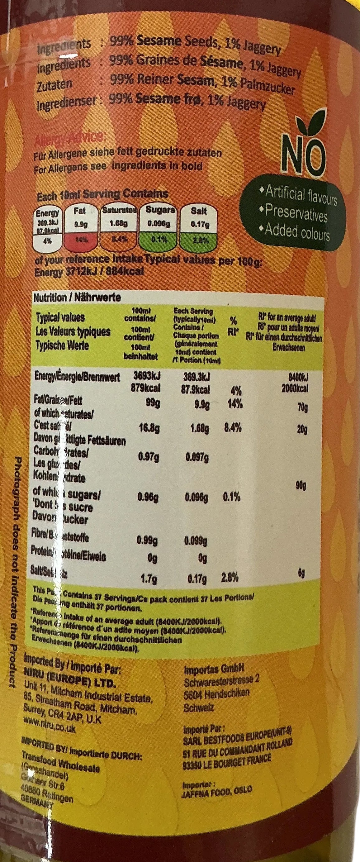 Niru Oil Sesame Gingelly 375ml - Image 2