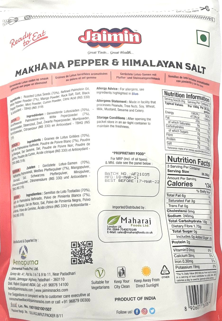 Jaimin Phool Makhana Pepper & Himalayan Salt 80g - Image 2
