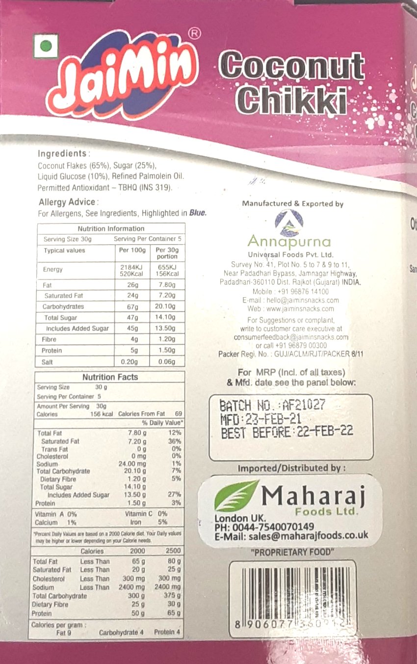 Jaimin Chikki Coconut 150g - Image 2