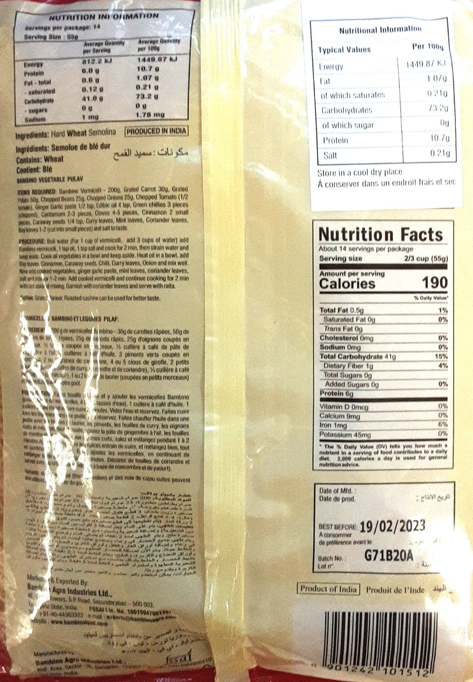Bambino Vermicelli Unroasted 800g - Image 2