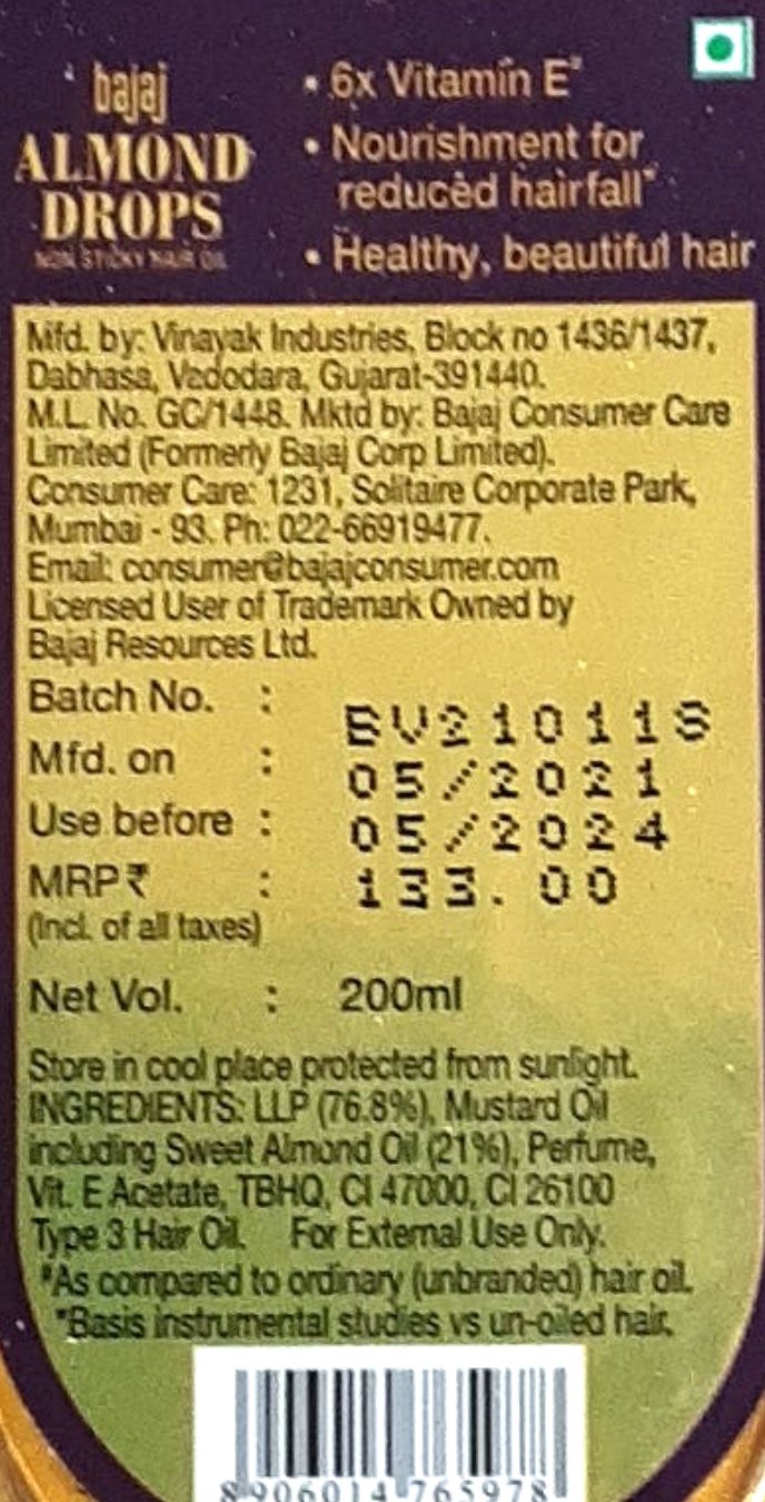 Bajaj Almond Drops Non Sticky Hair Oil 200ml - Image 2