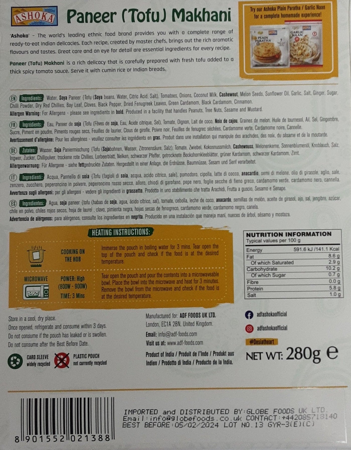 Ashoka Ready Meal Paneer Tofu Makhani 280g - Image 2