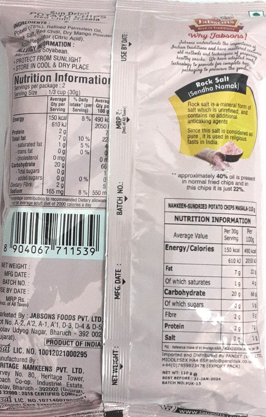 Jabsons Potato Chips Red Chilli Masala 110g - Image 2