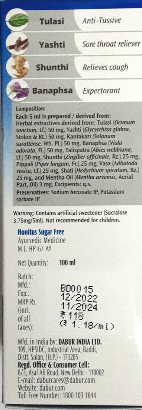 Dabur Honitus Sugar Free Herbal Cough Syrup 100ml - Image 2