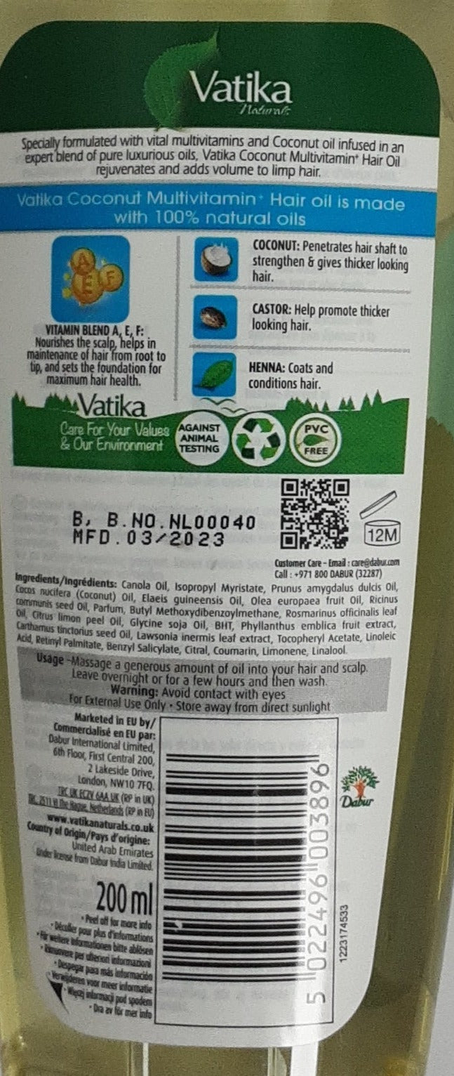 Dabur Vatika Hair Oil Coconut 200ml - Image 2
