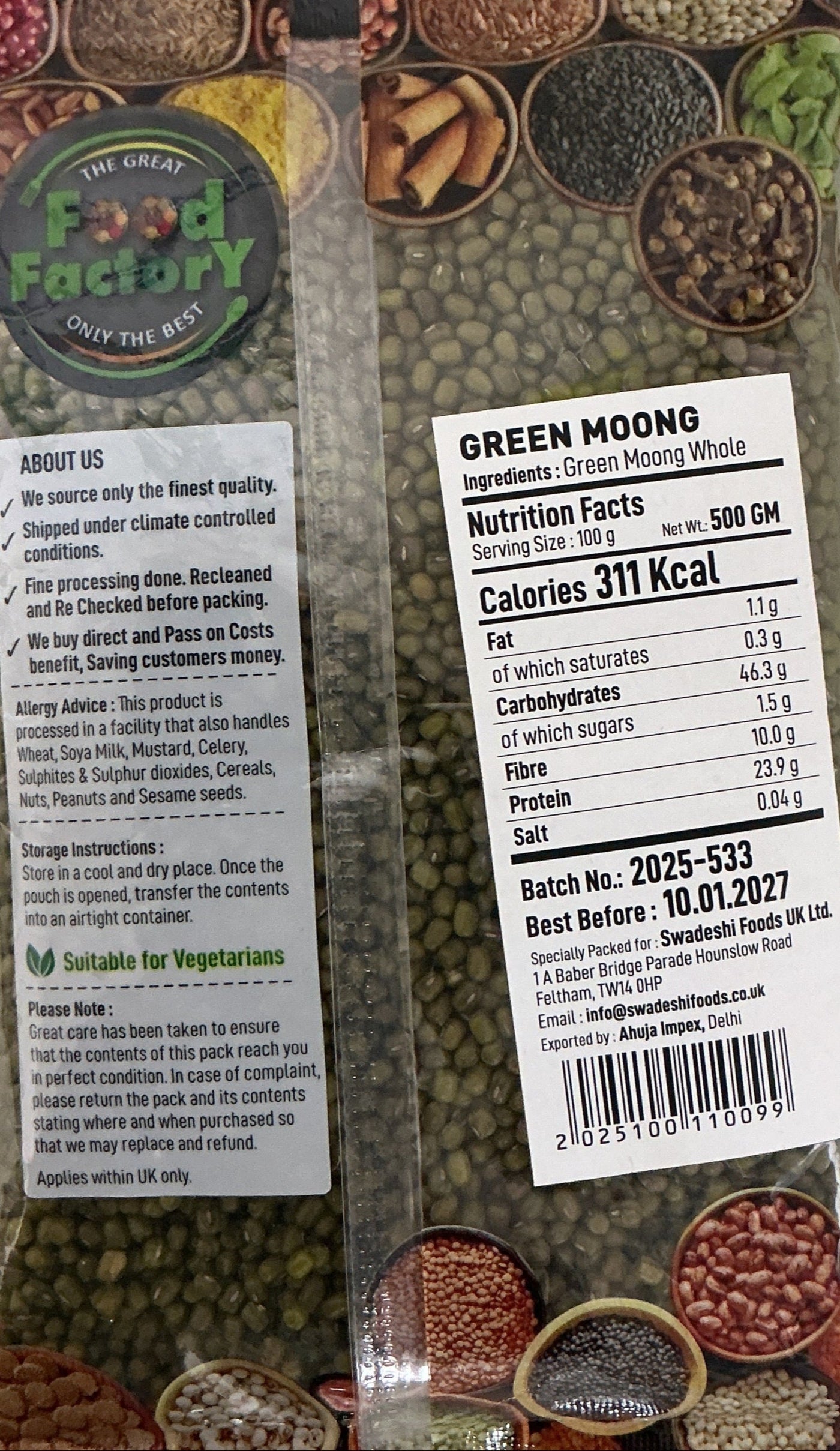 Food Factory Lentils Green Moong 500g - Image 2