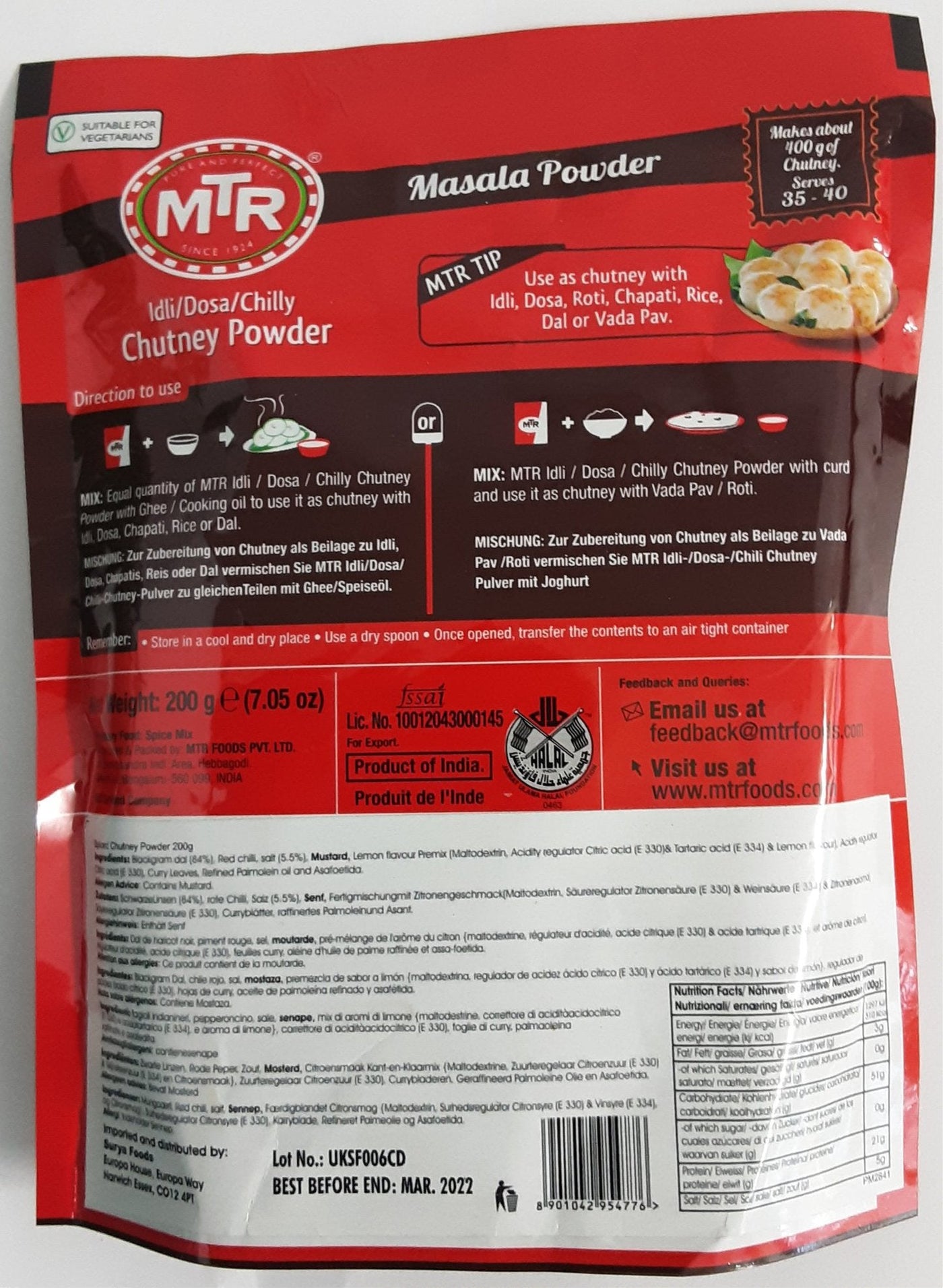 MTR Idli Dosa Chilly Chutney Powder 200g - Image 2