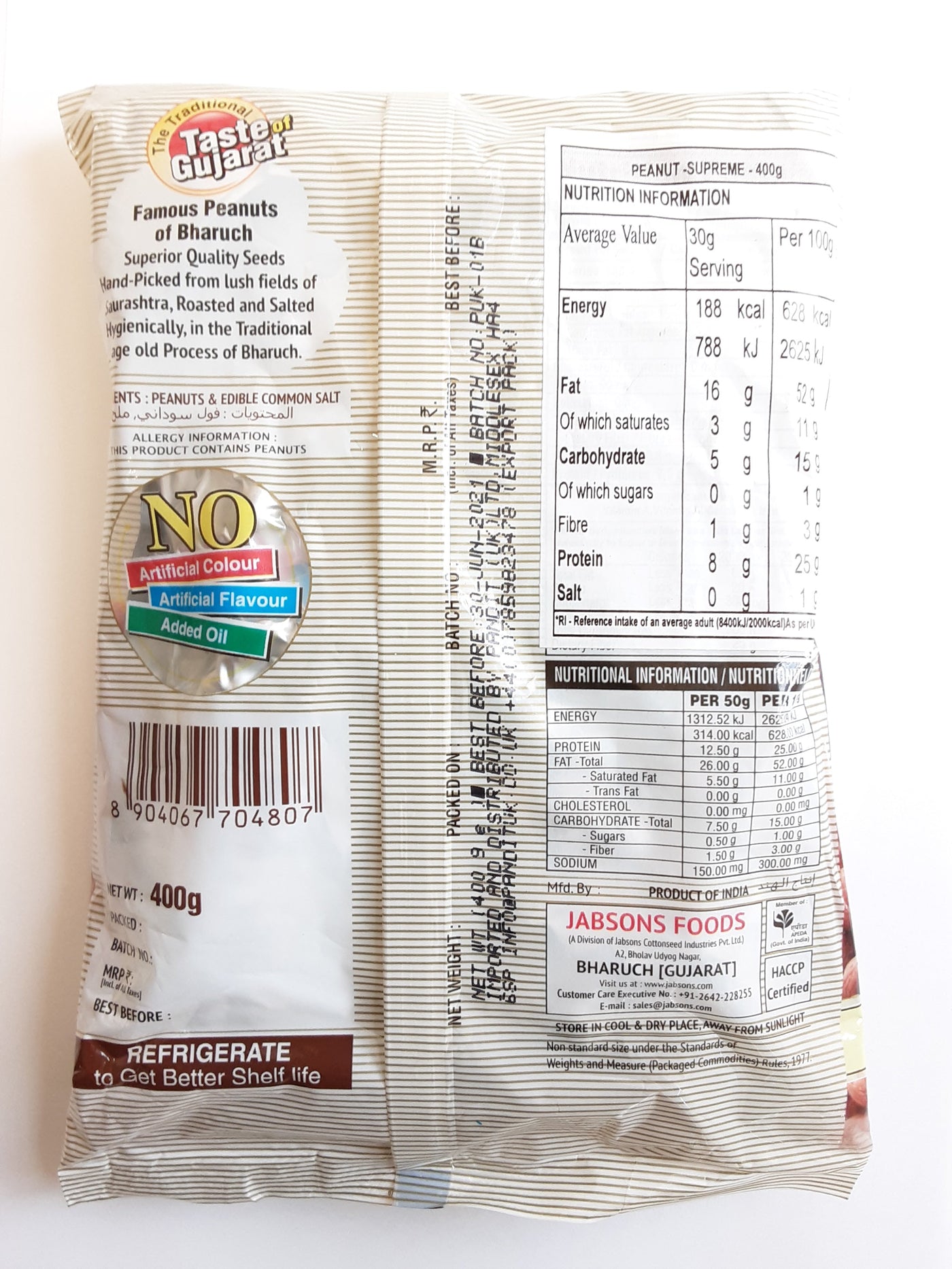 Jabsons Bharuchi Salted Roasted Peanuts 400g - Image 2